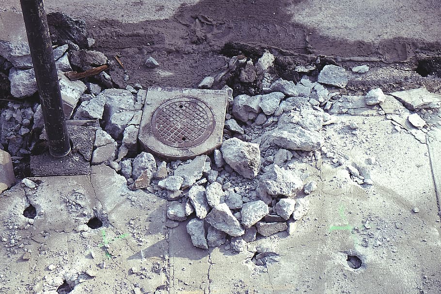batu abu-abu, hitam, logam, tiang, dekat, abu-abu, beton, potongan, konstruksi, jalan