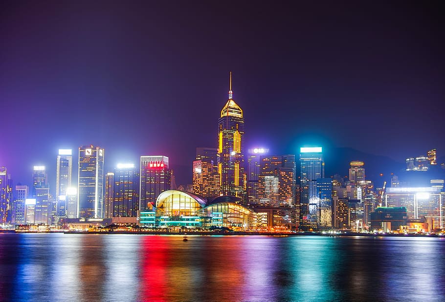 hong kong convention, exhibition centre, night time, cityscape, twilight, city, skyline, building, skyscraper, illuminated
