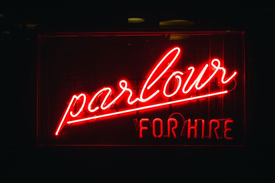 parlour, hire, neon signage, neon, lights, dark, night, signage, neon Light, sign