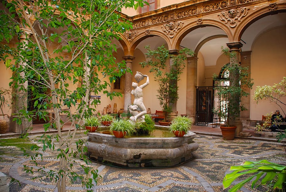 fountain, green, plants, patio area, daytime, courtyard, spanish, architecture, exterior, garden