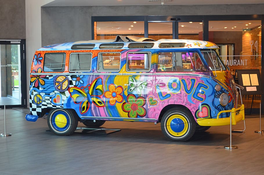 vw bus, vw bulli, samba bus, volkswagen, auto, hippie, oldtimer, transportation, mode of transportation, multi colored