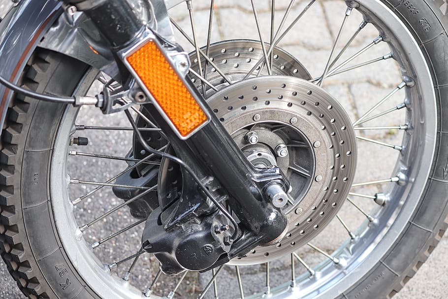motorcycle, bike, front wheel, spokes, brake, fork, sport, vehicle, reflector, mature