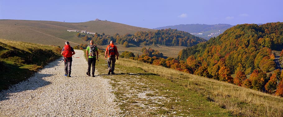 excursion, trail, walking with sticks, mountain, the european path, e5, lessinia, italy, nature, group of people