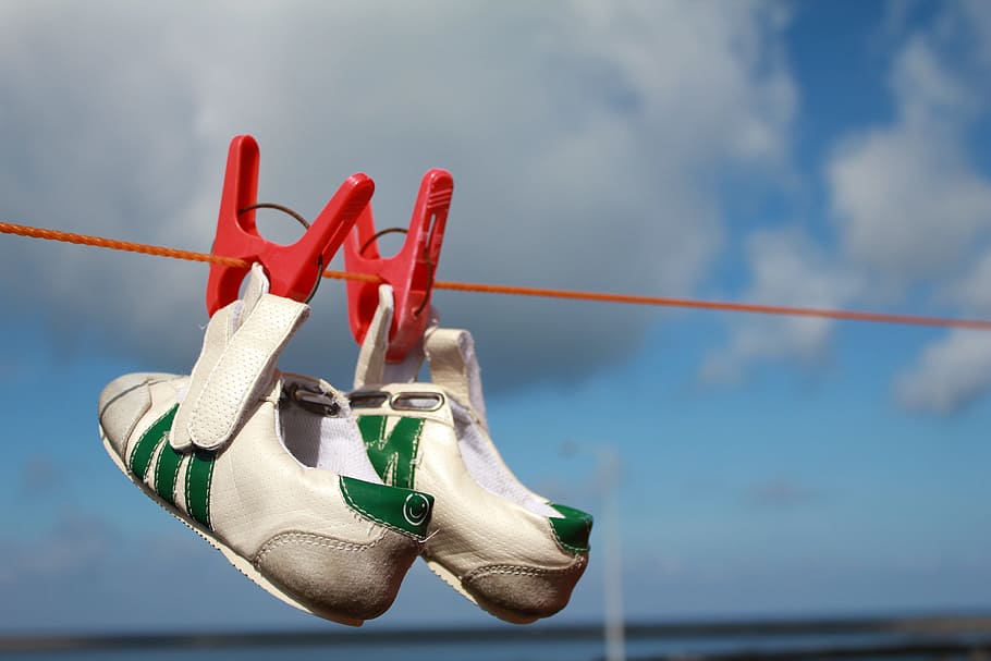 hanged, white-and-green velcro shoes, Shoes, Laundry, Shoe, water, hanging, cloud - sky, sky, clothespin