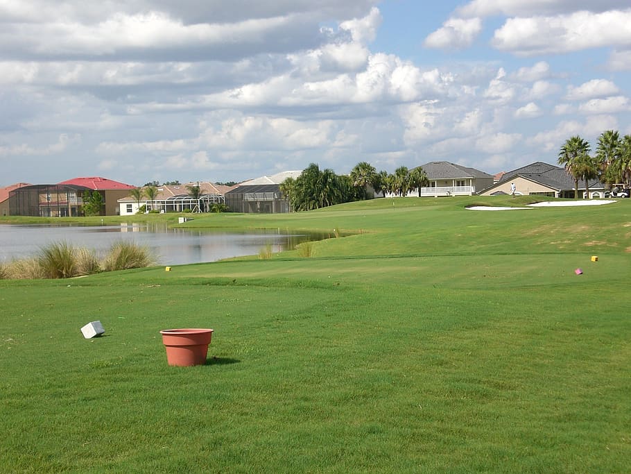 golf, golf course, lake, sport, grass, sky, clouds, golfing, leisure, game