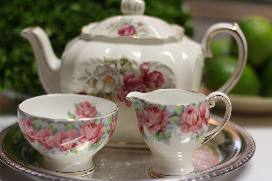 putih-dan-aneka warna, bunga, keramik, teh, set, 3, layanan, cangkir teh, piala, teko