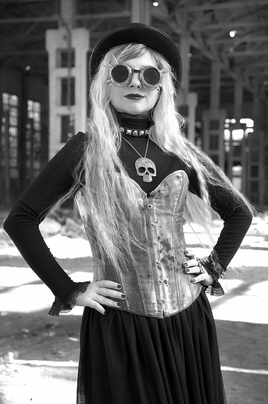 grayscale photo, woman, taking, holding, waist, people, portrait, one, costume, grown up