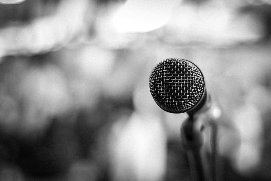 grayscale photo, microphone, stand, music, studio, music for the masses, public, scene, performance, input device