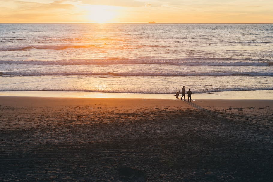 dos, persona, en pie, junto a la playa, gente, orilla del mar, puesta de sol, mar, océano, agua
