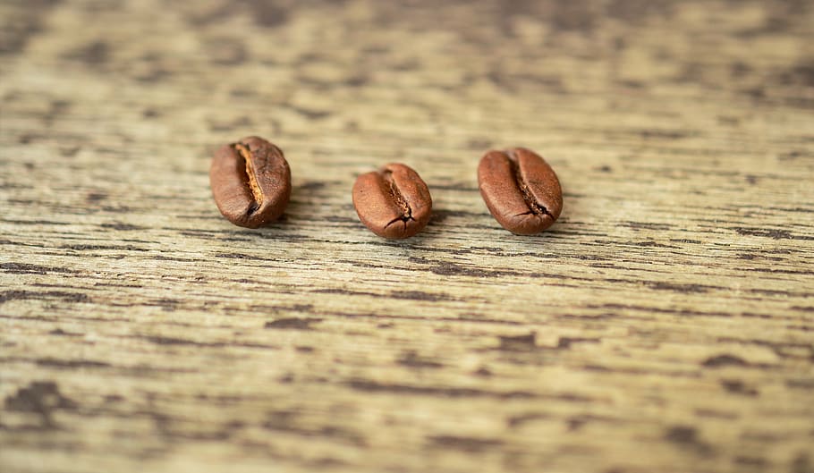 three coffee beans, coffee beans, three, wood, macro, coffee, brown, bean, caffeine, close-up
