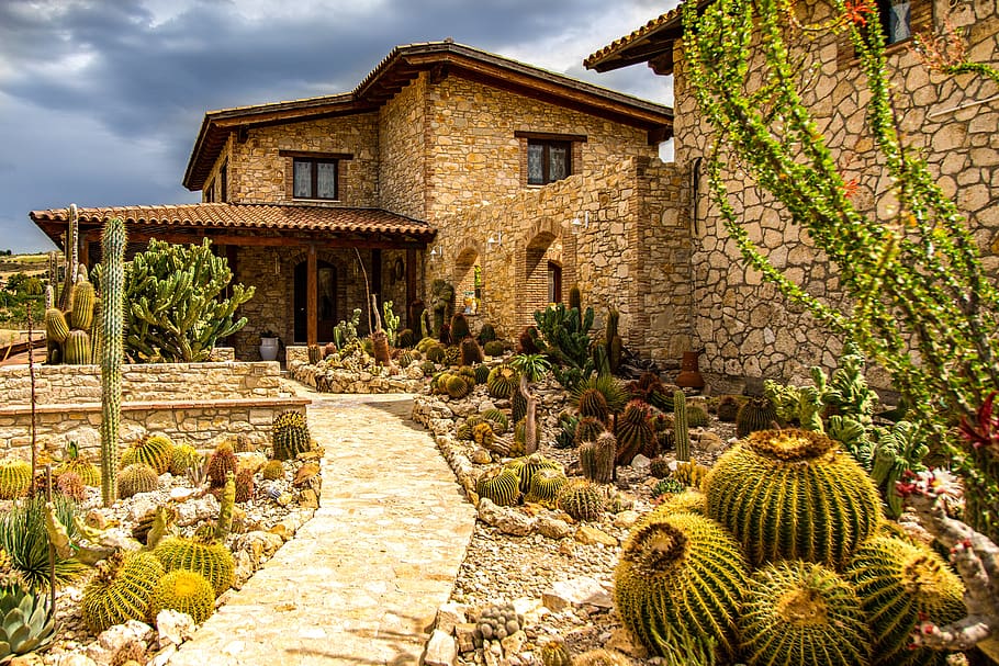 house, landscape, sky, nature, architecture, village, old, stone, cactus, garden