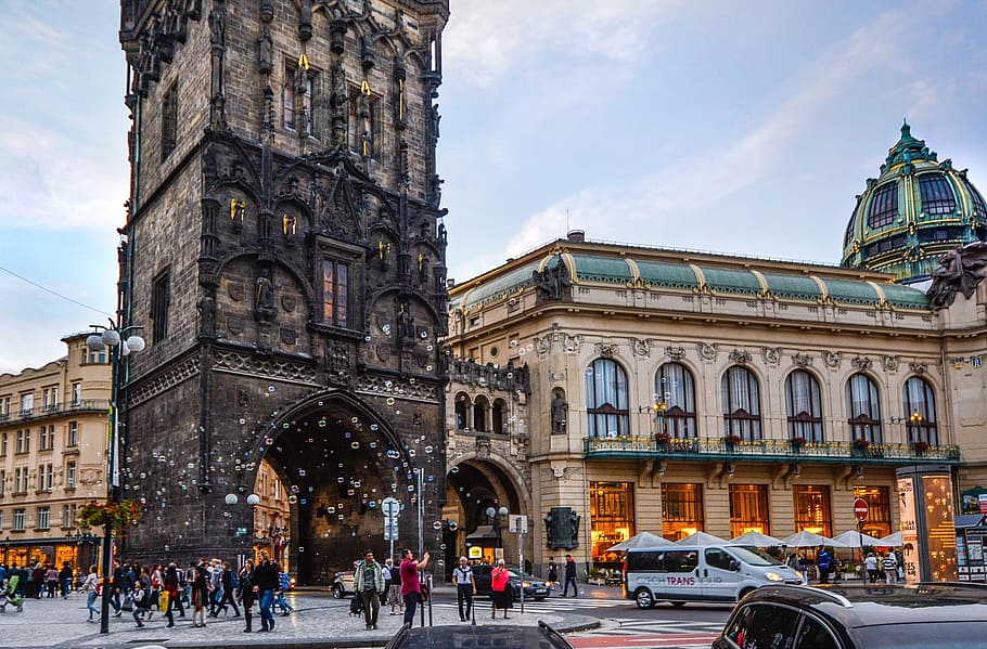 people, walking, antique, building structures, daytime, Prague, Czech, Republic, Tower, City, czech, republic