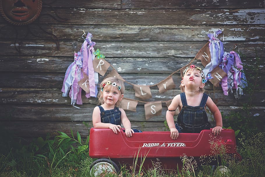 red, radio flyer, pull, wagon, twins, girls, family, two, cute, siblings