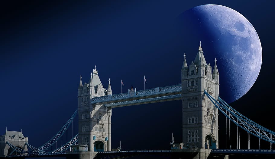 gray, concrete, bridge, nighttime, tower bridge, london, moon, zoom, clouds, sky