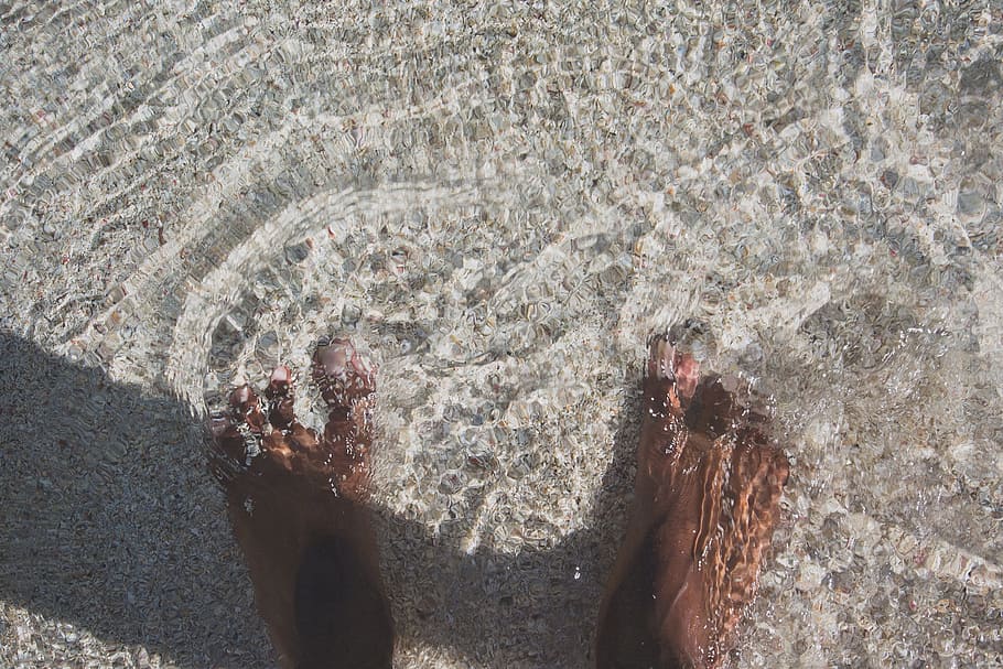 person, stepping, sand, beach, feet, water, touch, sensation water, light, sun