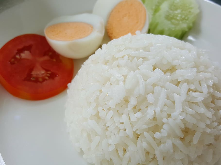 steamed, rice, sliced, boiled, egg, tomato, dish, food, organic, eating