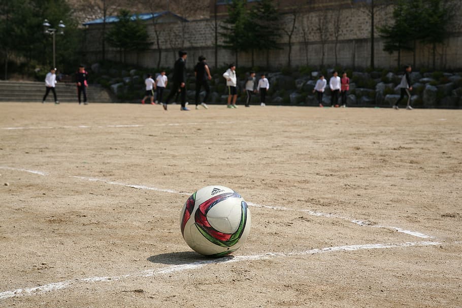 blanco, rojo, verde, balón de fútbol, ​​campo, pelota, fútbol, ​​ejercicio, patio de recreo, escuela