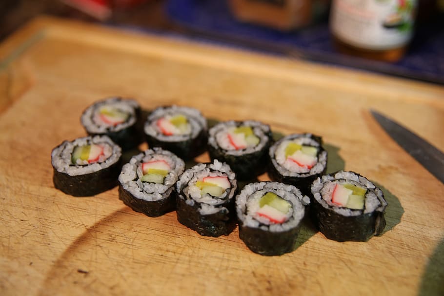 sushi rolls, brown, wooden, chopping, board, sushi, food, japanese, cuisine, rice
