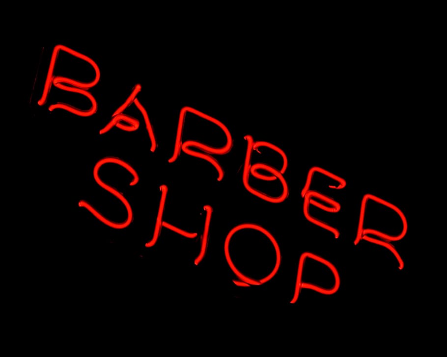 neon, barber shop, typography, text, illuminated, communication, black background, night, red, sign