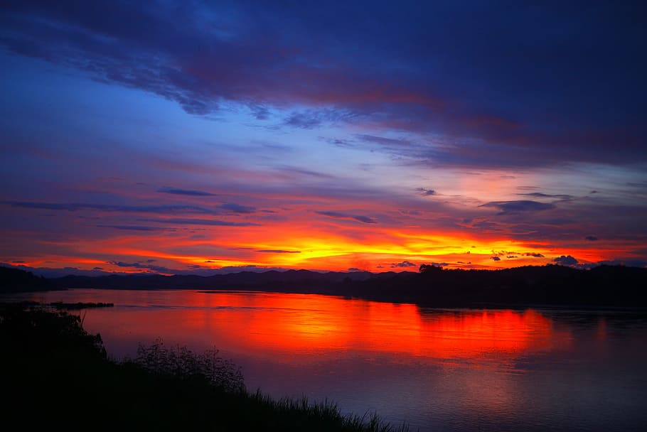 landscape photography, sunrise, Sunset, River, Thailand, Laos, Sky, evening sky, nature, red