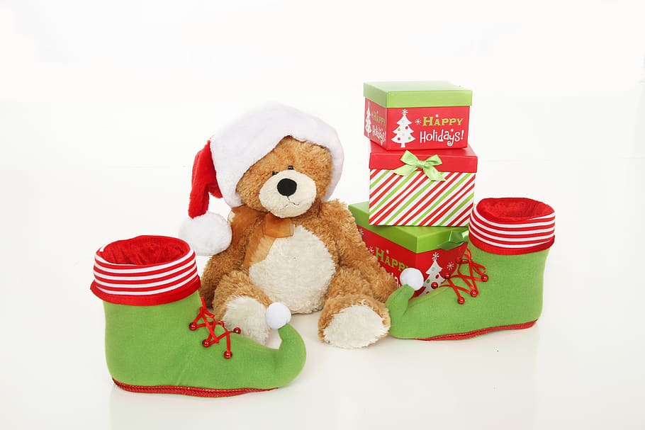 christmas decorations, teddy bear, santa hat, gifts, elf boots, white background, merry christmas, sitting, christmas card, toy