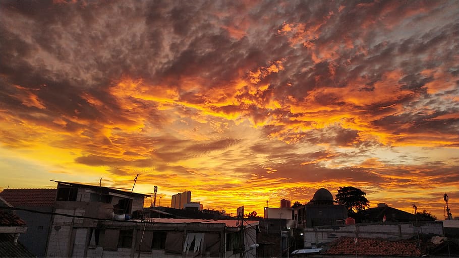 sunset, orange sky, evening, orange, clouds, sunlight, twilight, sky, city, city landscape