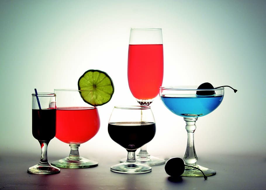 six, assorted, filled, wine glasses, cocktail, alcohol, glasses, cups, drinks, drink