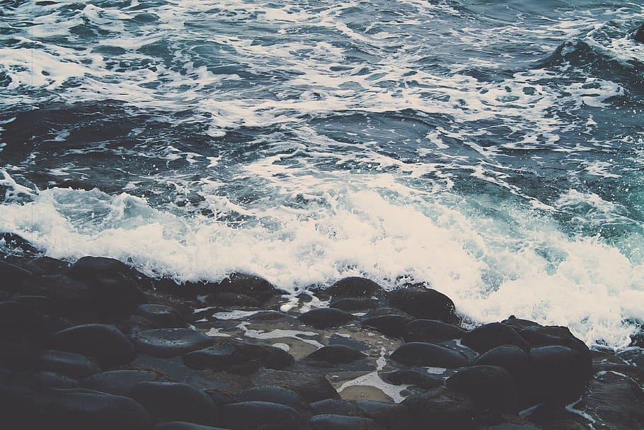rochas, pedras, costa, água, ondas, respingos, ondulações, mar, movimento, onda