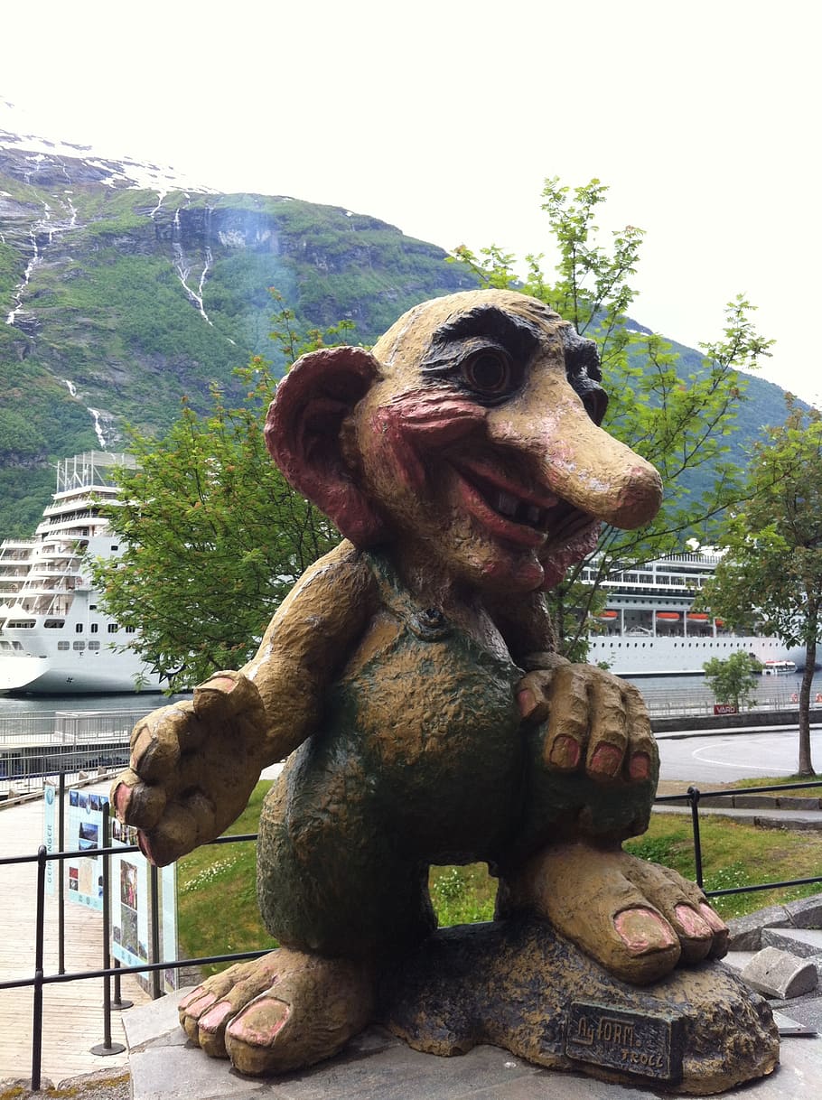 norway, geiranger, geirangerfjord, figure, troll, troll figure, sculpture, sky, animal themes, mammal