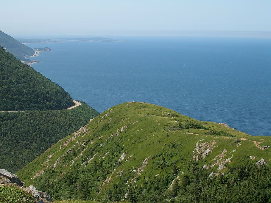 cabot trail, cape breton, vista, sea, scenics - nature, beauty in nature, tranquility, water, tranquil scene, green color