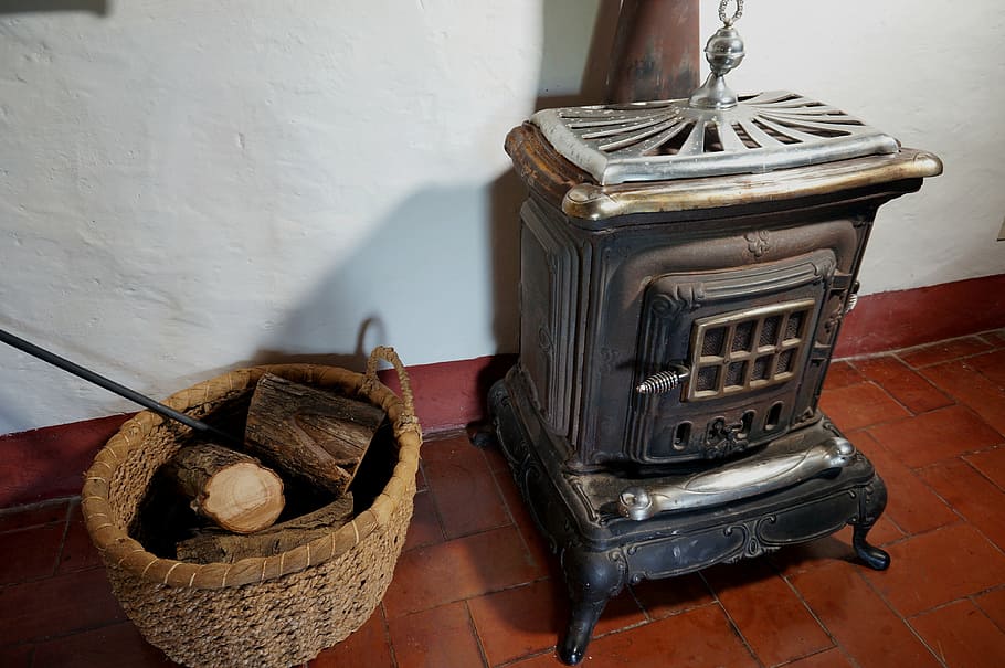 ancient, stove, wood, wall - building feature, basket, indoors, still life, container, flooring, retro styled