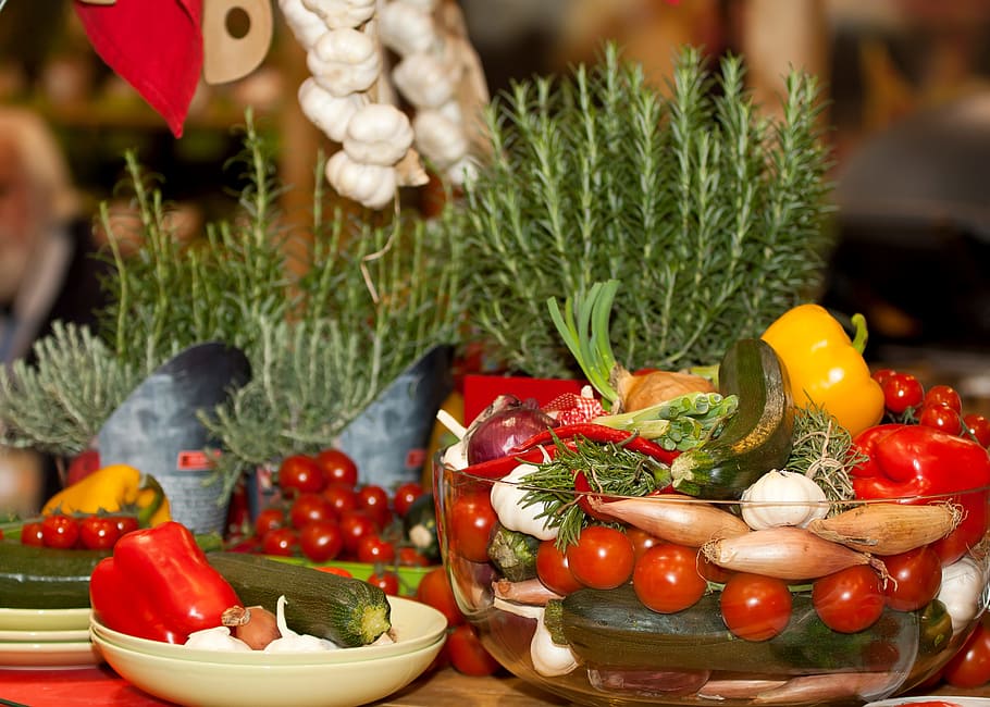 assorted-variety vegetables, fruits, plates, clear, glass bowl, Vegetables, Mediterranean, Herbs, vegetarian, food