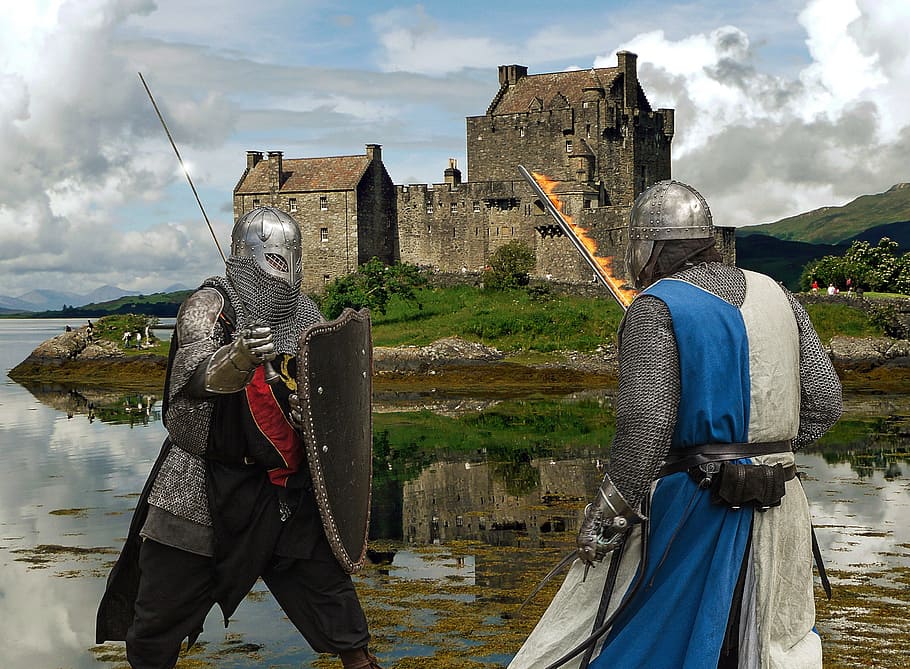 two, men, wearing, armor, castle background, knights, medieval knights, medieval, swords, weapons