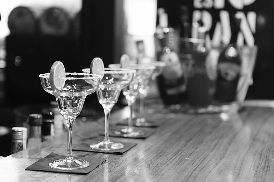four, clear, glass martini glasses, glass, martini, glasses, bar, cocktails, pub, alcohol