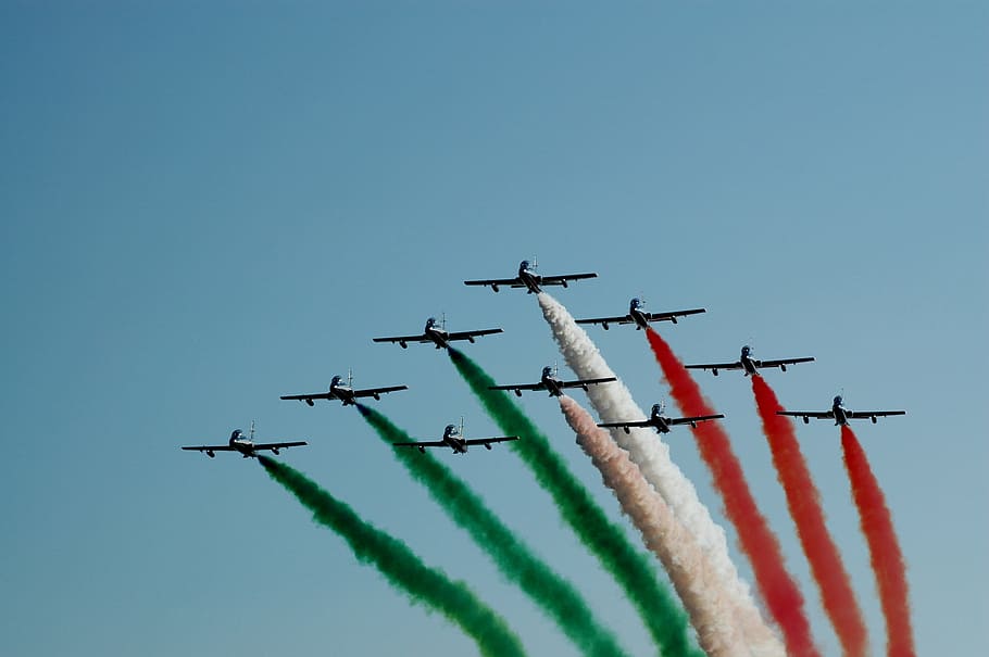 jet planes, leaving, colored, smokes, sky, Tricolor, Arrows, Military, Airshow, tricolor arrows