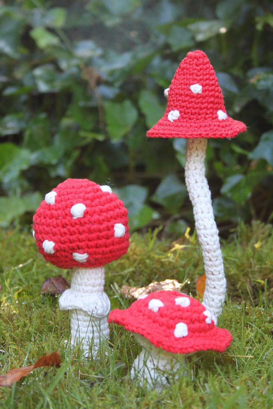 red, white, knitted, mushrooms, mushroom hooks, autumn, fly agaric, hooking, red with white dots, forest
