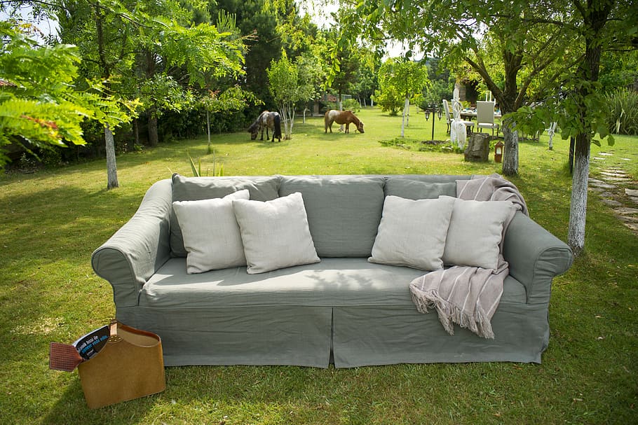 gray, fabric sofa, four, white, throw, pillows, Armchair, Grass, Architecture, Home