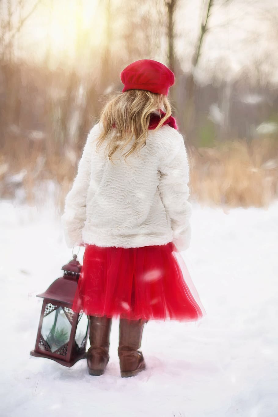 girl, white, cardigan, red, dress, holding, lantern, standing, snow field, daytime