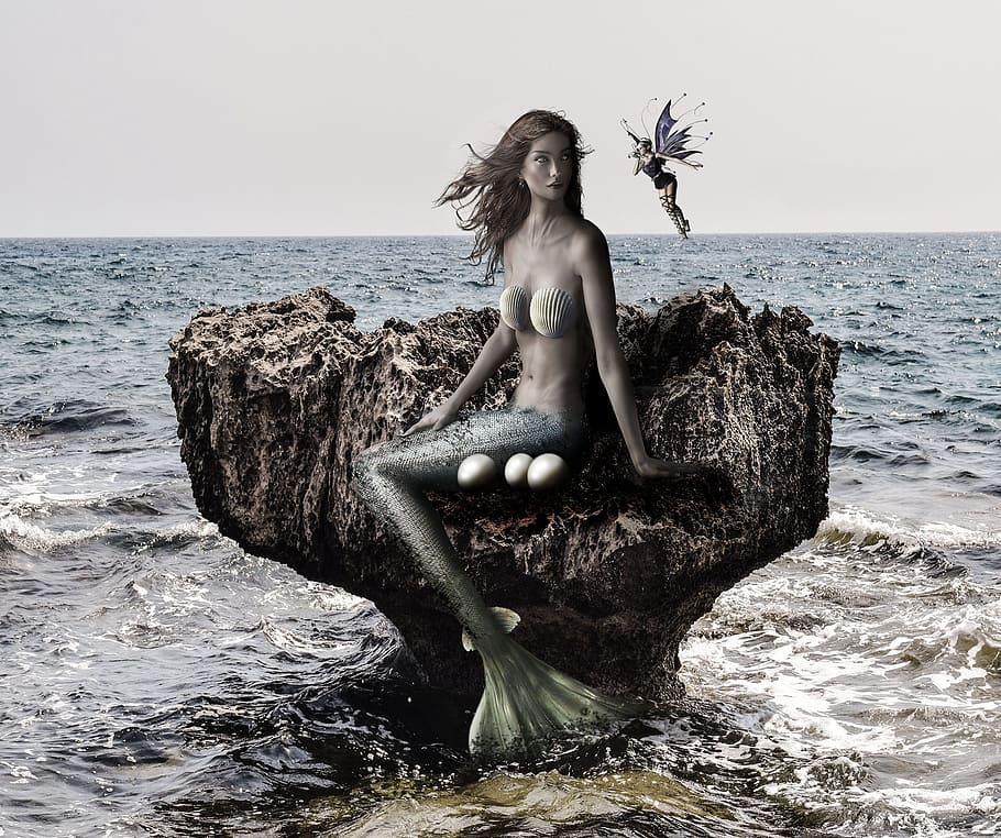 mermaid, rock formation, surrounded, body, water, fantasy, sea, fairy, siren, wave