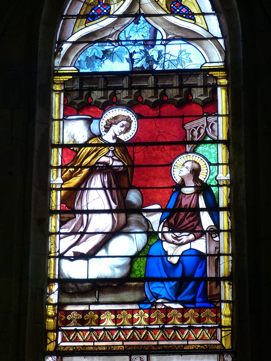 Ventana de la iglesia, ventana, iglesia, vidrieras, color, francia, borgoña, navidad, maria, ángel