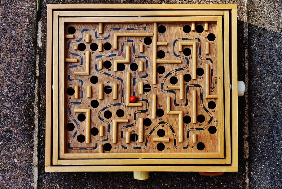 labyrinth, wood, play, ball, red, fun, puzzle, toys, day, close-up