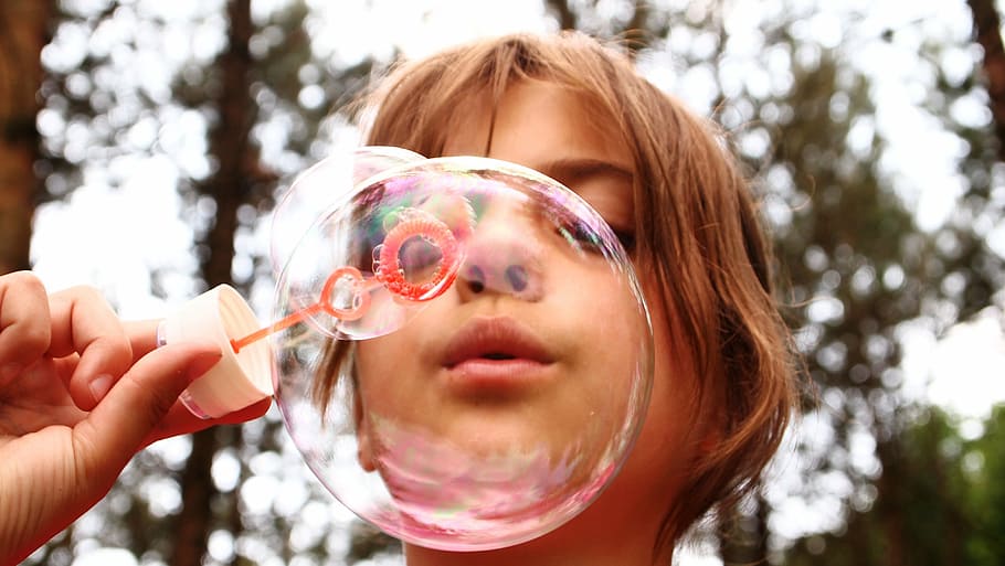 selective, focus photography, girl, blowing, bubbles, blow bubbles, fun, trees, call bladder, around