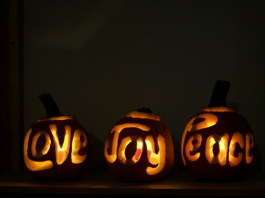 three, lighted, love, joy, peace decors, peace, holiday, pumpkin, carved, happy