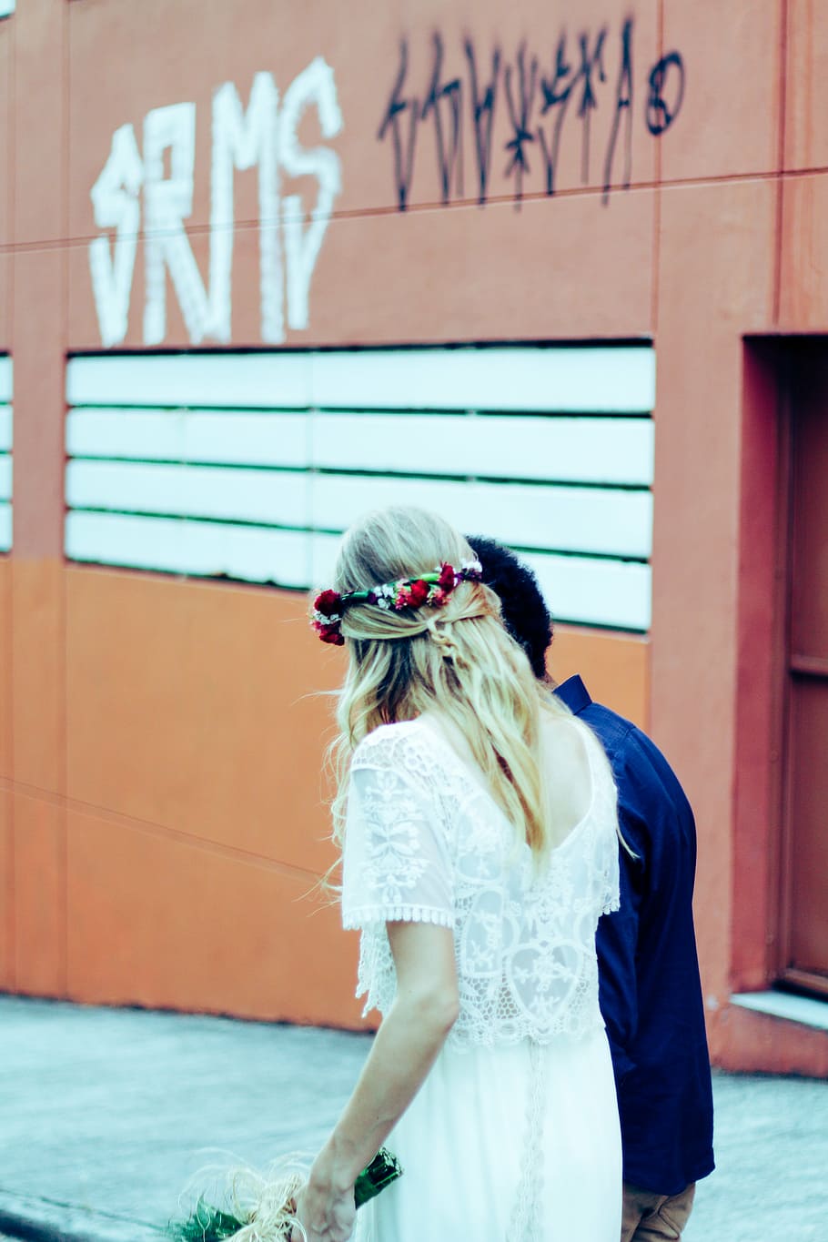 couple, walking, streets, people, girl, white, dress, man, guy, flower