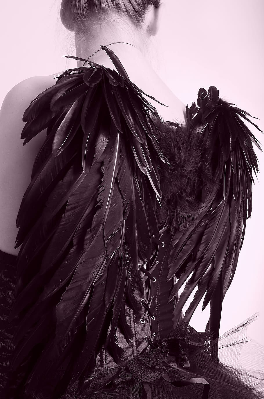 woman, wearing, black, dress, wings, black engel, wing, feather, angel, sky