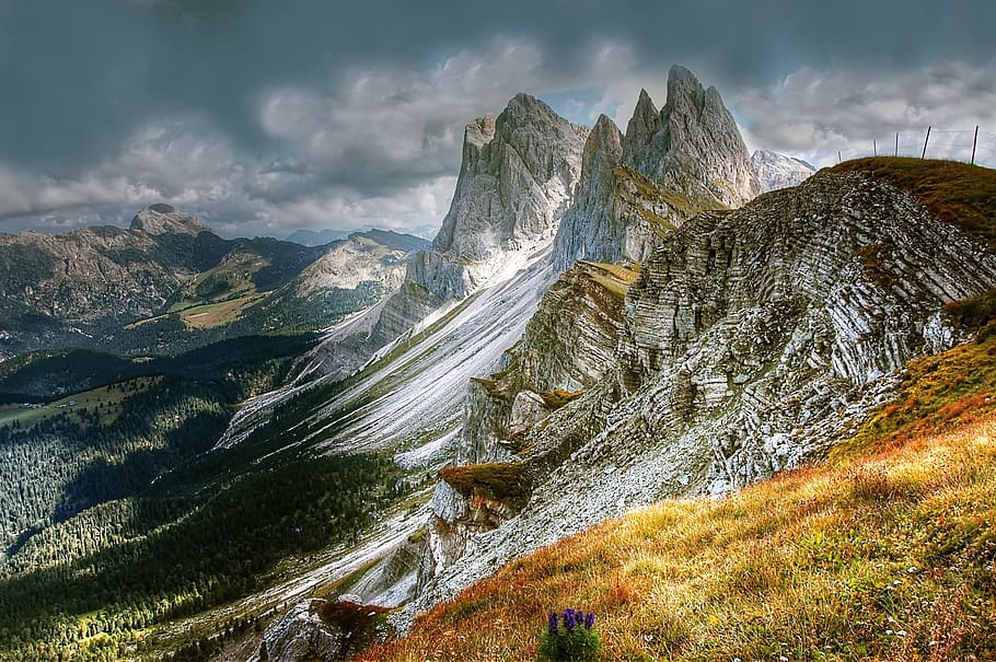 white, green, mountain, dark, clouds, Dolomites, Val Gardena, Nature, landscape, south tyrol