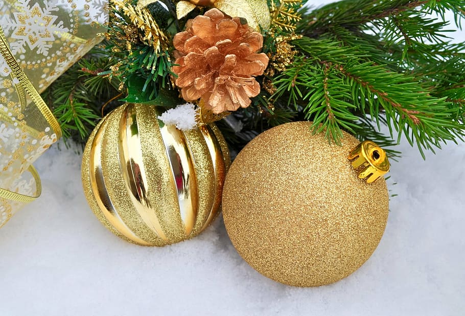 two, gold christmas baubles, new year, christmas, holiday, background, balls, tree, snow, winter