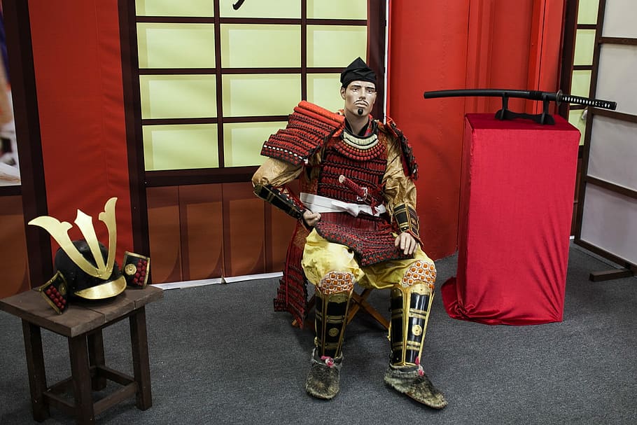 conjunto de traje de samurai, Samurai, armadura, guerreiro, Japão, capacete, lutador, apenas um homem, apenas adultos, uma pessoa