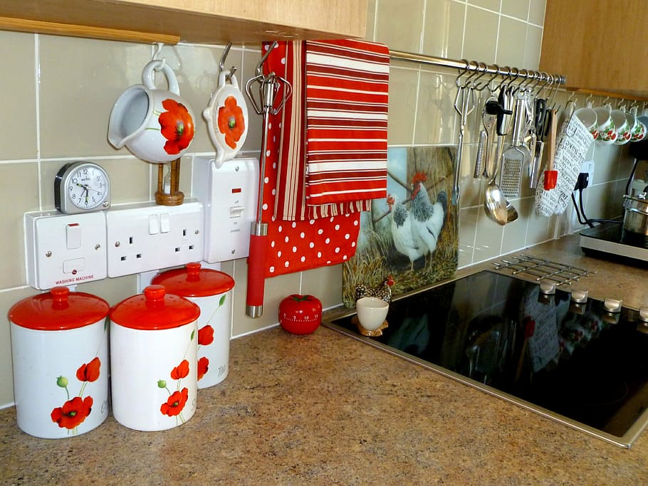 three, white-and-red, floral, ceramic, jars, red, lid, crockery, kitchen, china
