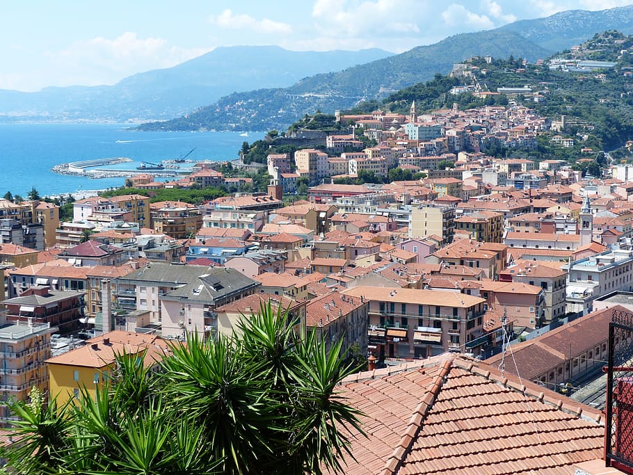 Ventimiglia, Liguria, Pantai, pantai liguria, laut, mediterania, atap, rumah, kota, Italia utara